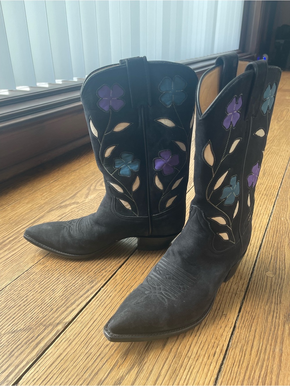 Larry Mahan Black Suede Western Boots with Purple & Blue Floral Inlays